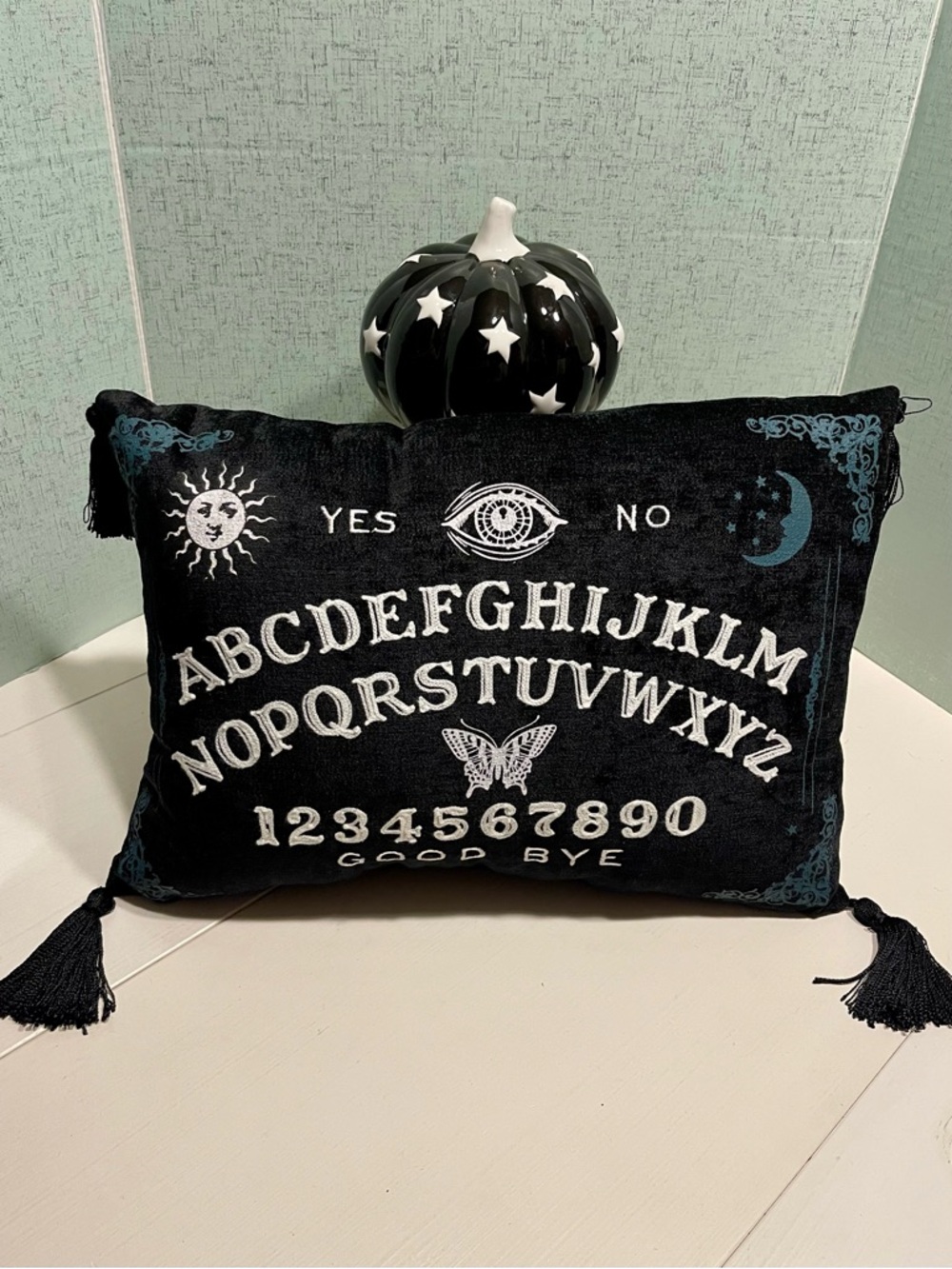 BLACK AND WHITE DECOR Ouija Accent Pillow with BLACK AND WHITE CERAMIC PUMPKIN
